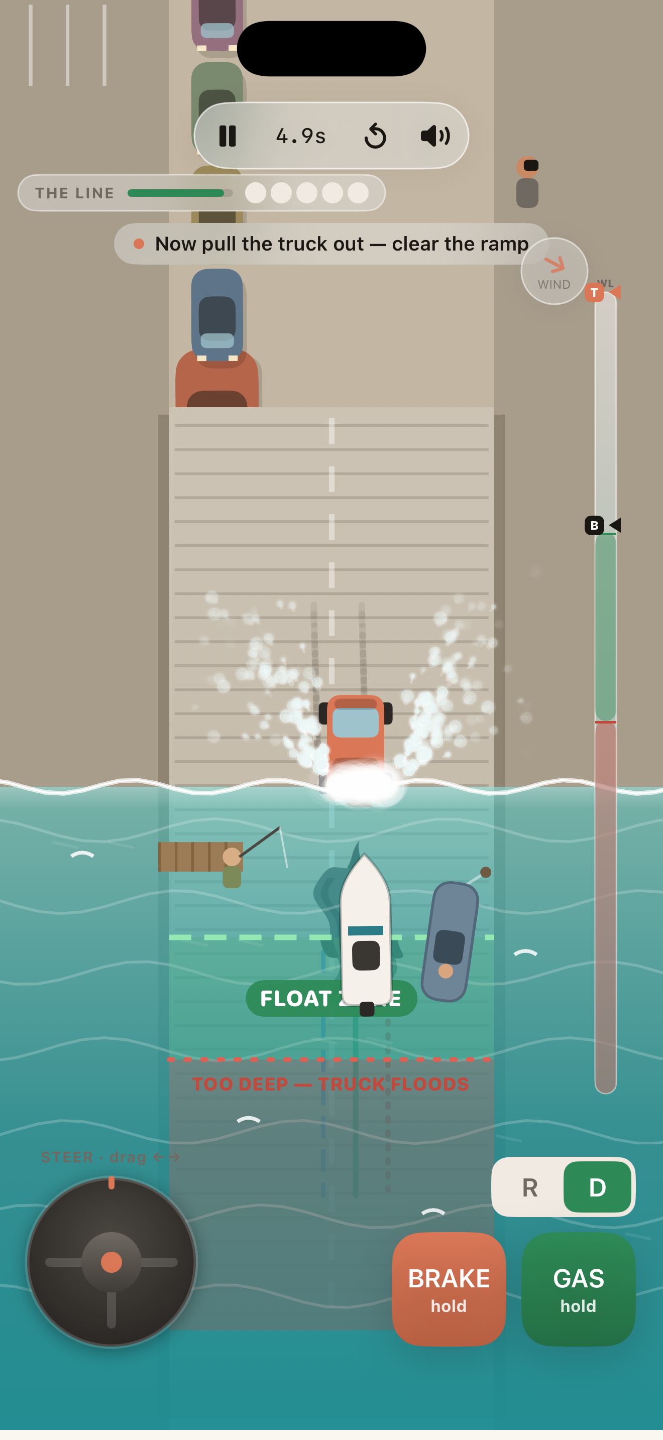 Ramp Panic gameplay — backing a boat trailer down a launch ramp